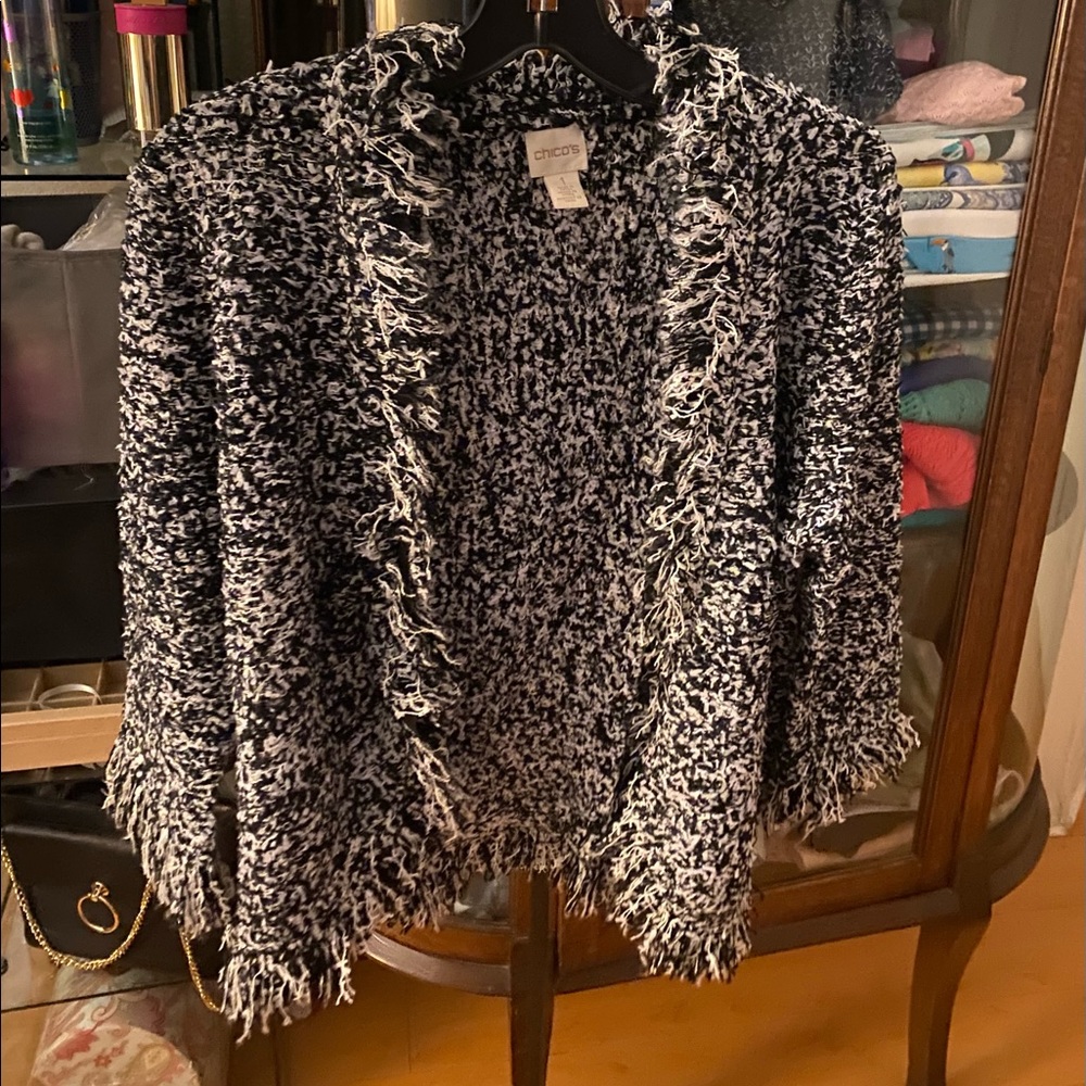 Chicos Medium black grey white fringe cardigan